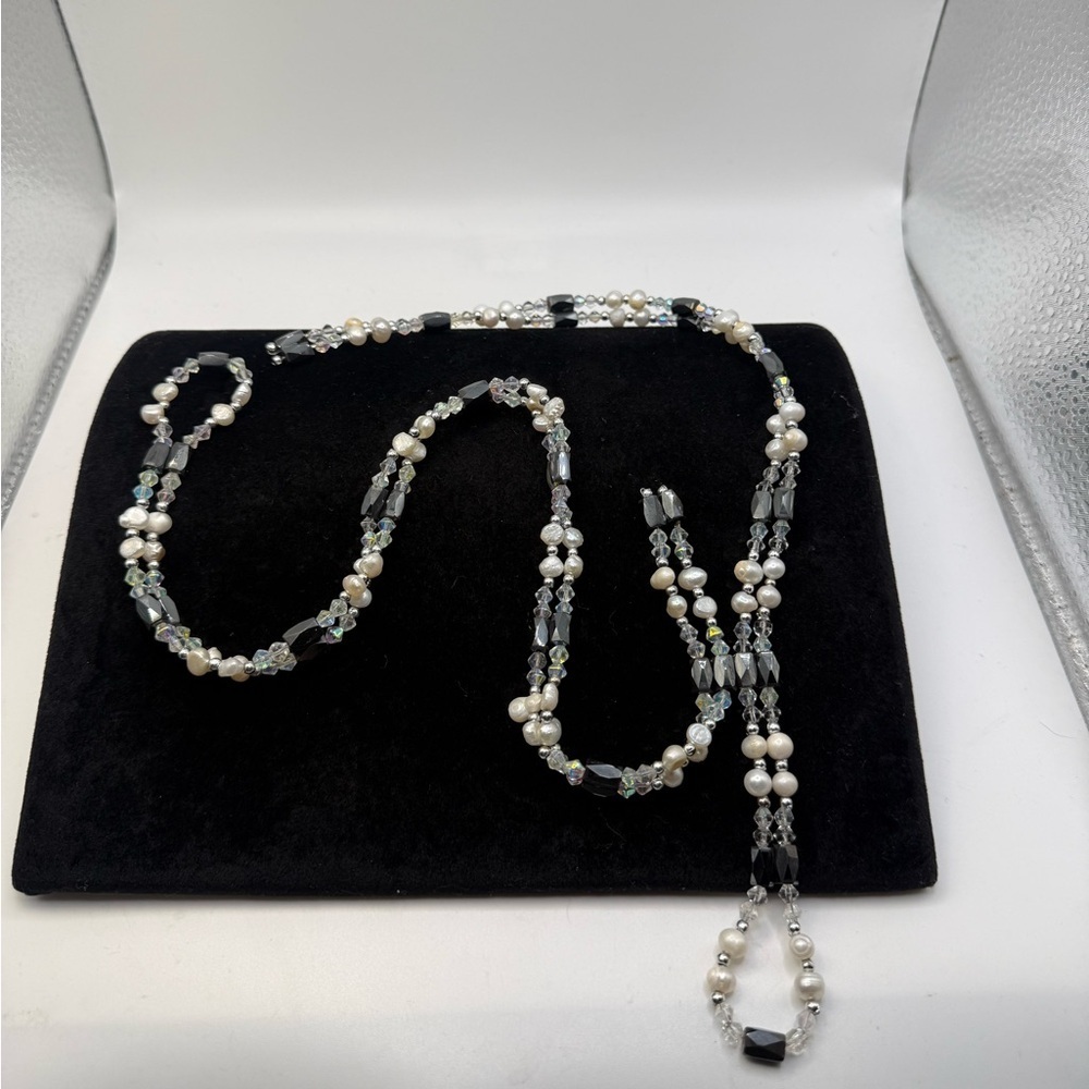Vintage Convertible Pearl Crystal Hematite Wrap Necklace Bracelet Set 27” 33” - Picture 4 of 7